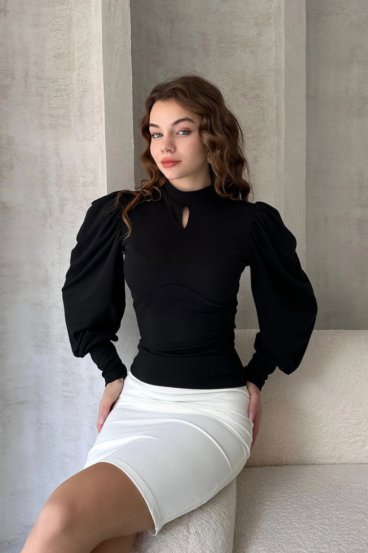 Black Kiss Collar Princess Sleeve Crepe Blouse BCDF-242137 - East Kelowna