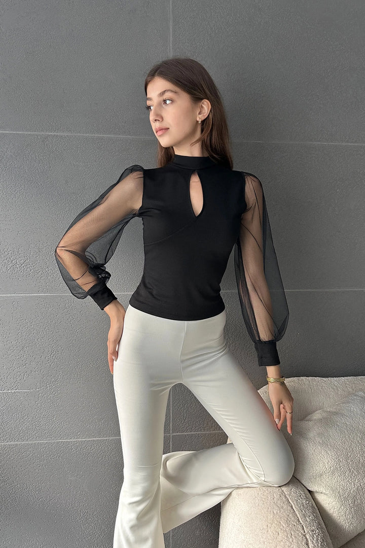 Black Kiss Collar Tulle Detailed Blouse BCDF-242115 - Emden