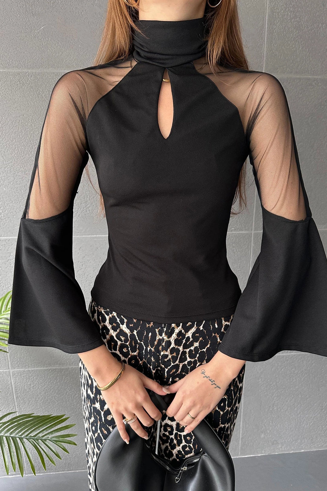 Black Kiss Collar Tulle Detailed Ruffled Blouse BCDF-242101 - Eastvale