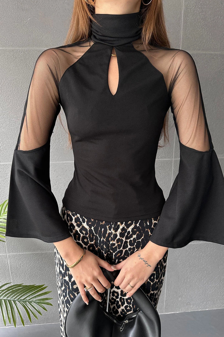 Black Kiss Collar Tulle Detailed Ruffled Blouse BCDF-242101 - Eastvale