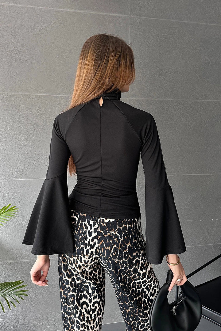 Black Kiss Collar Tulle Detailed Ruffled Blouse BCDF-242101 - Eastvale