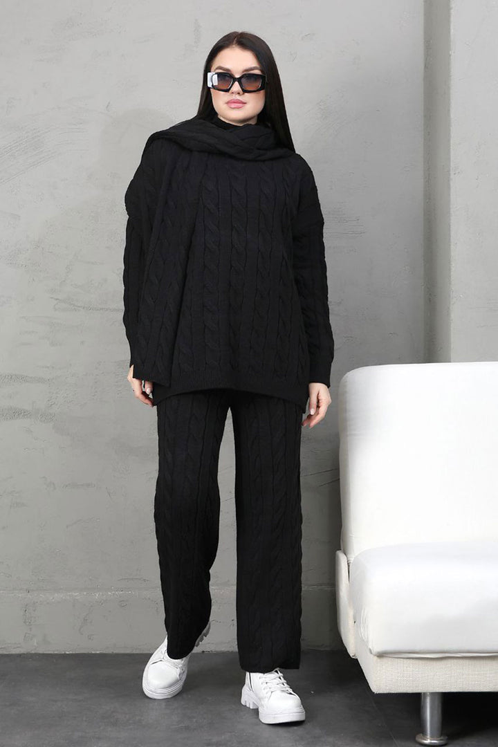 Black Knitted Sweater Cardigan and Pants 3 Piece Knit Set BCES-252031 - Delicias