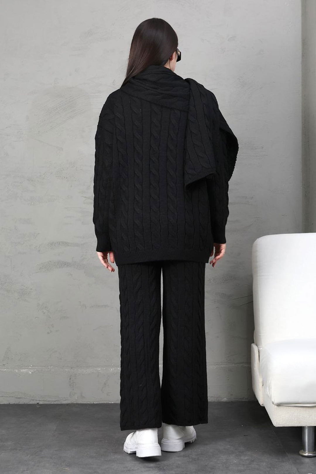 Black Knitted Sweater Cardigan and Pants 3 Piece Knit Set BCES-252031 - Delicias