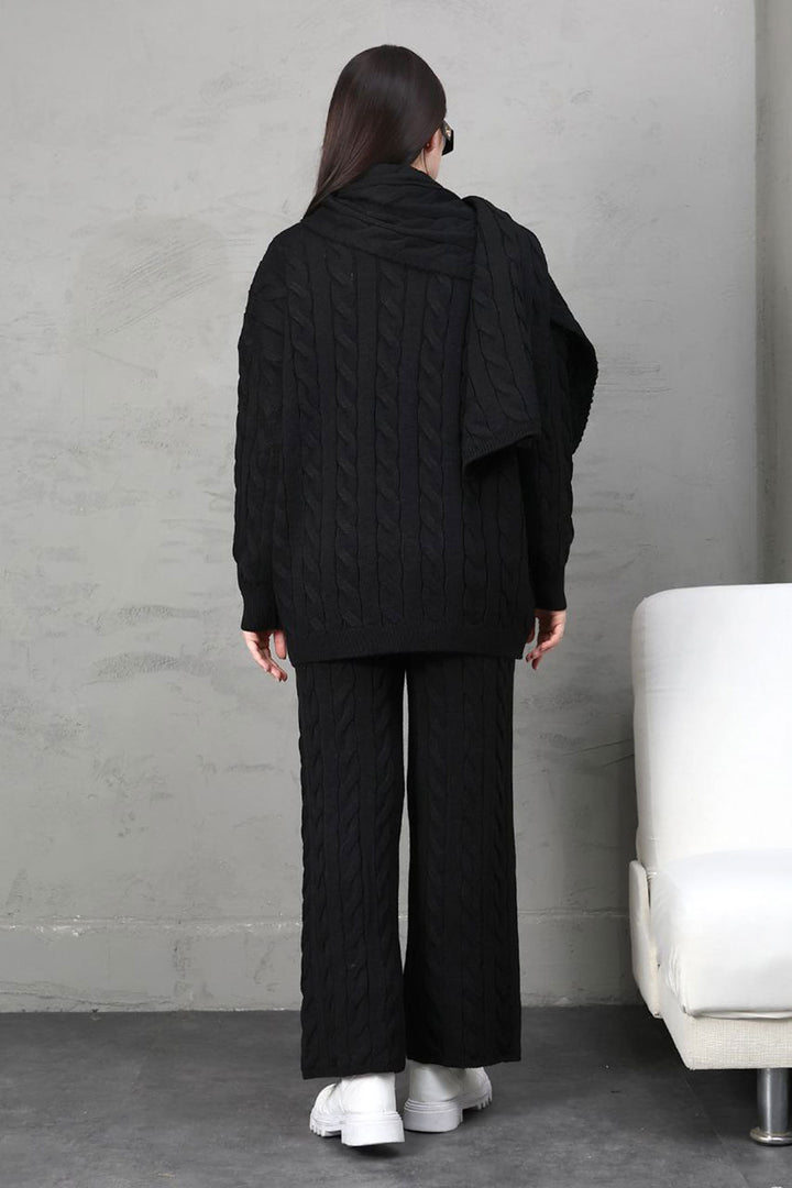 Black Knitted Sweater Cardigan and Pants 3 Piece Knit Set BCES-252031 - Delicias