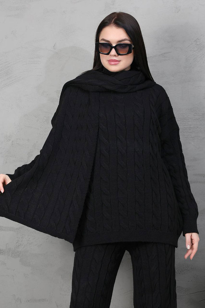 Black Knitted Sweater Cardigan and Pants 3 Piece Knit Set BCES-252031 - Delicias