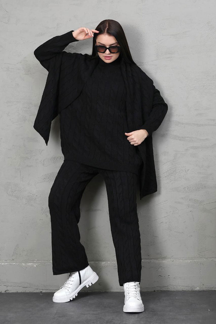 Black Knitted Sweater Cardigan and Pants 3 Piece Knit Set BCES-252031 - Delicias