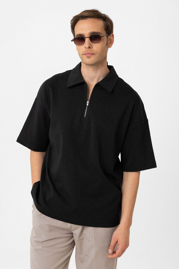 ANT Antioch Siyah Oversize Polo Yaka Fermuarlı Erkek T-Shirt - Sayula