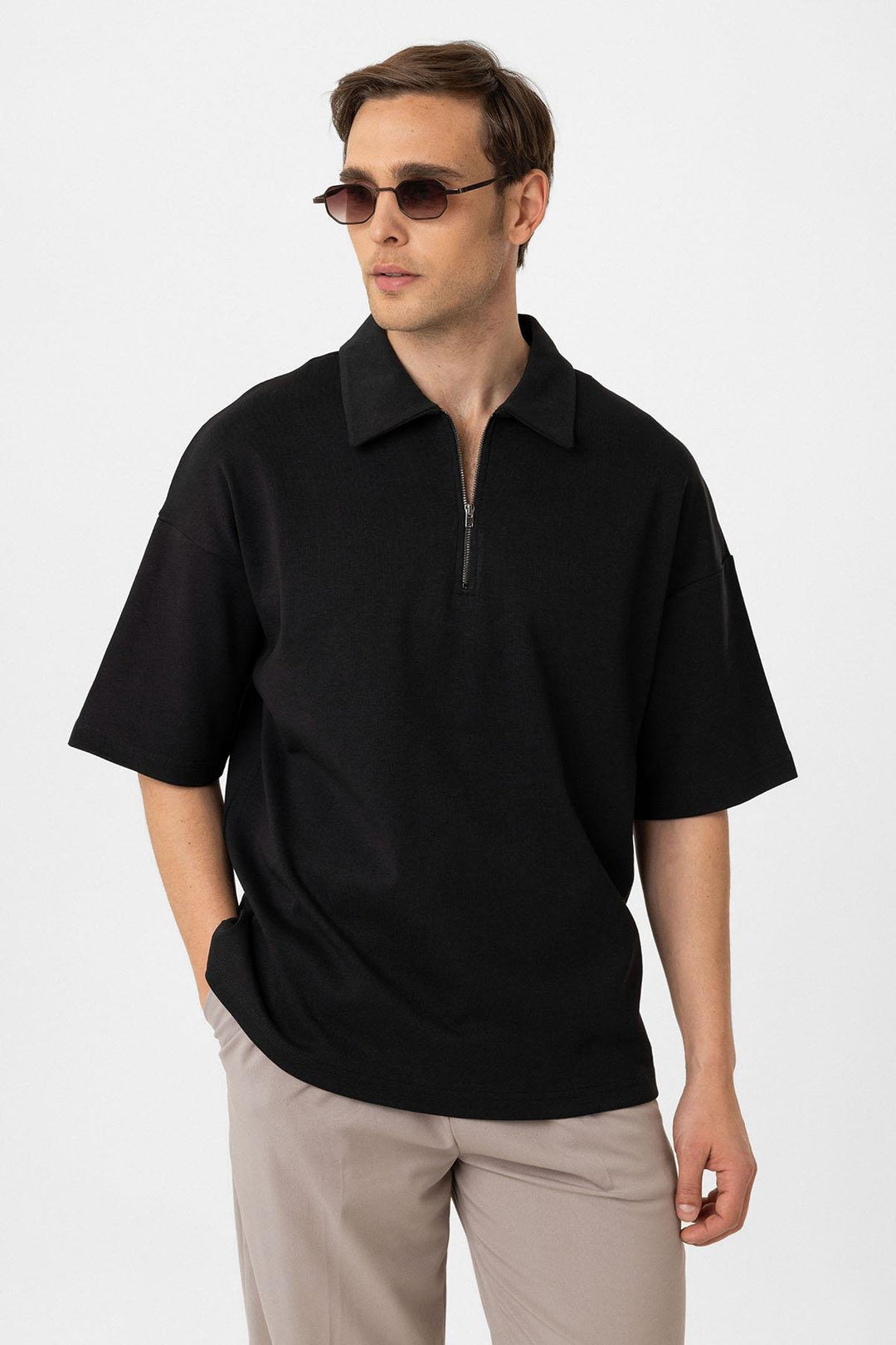 ANT Antioch Siyah Oversize Polo Yaka Fermuarlı Erkek T-Shirt - Sayula