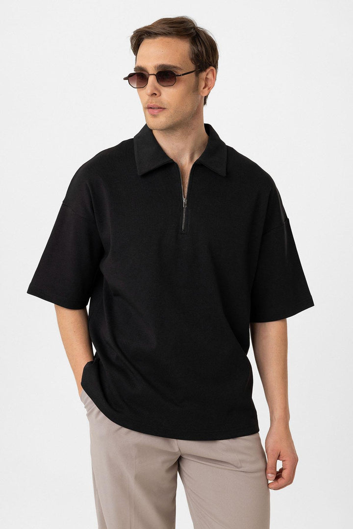 ANT Antioch Siyah Oversize Polo Yaka Fermuarlı Erkek T-Shirt - Sayula