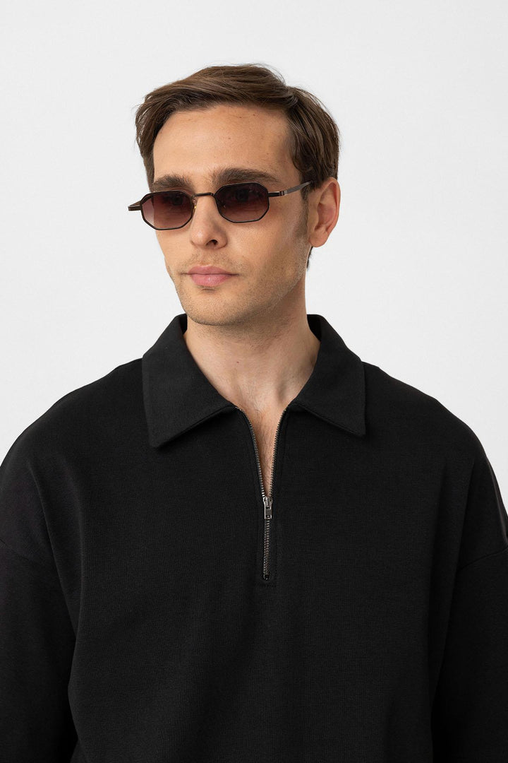 ANT Antioch Siyah Oversize Polo Yaka Fermuarlı Erkek T-Shirt - Sayula