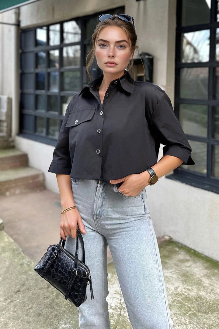 Black Oversize Long Sleeve Crop Shirt BCBSK-25700-3533 - Braintree