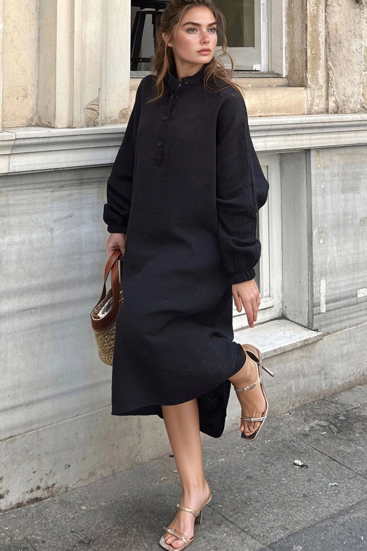 Black Oversize Half Buttoned Dress BCBSK-25700-3515 - West Covina