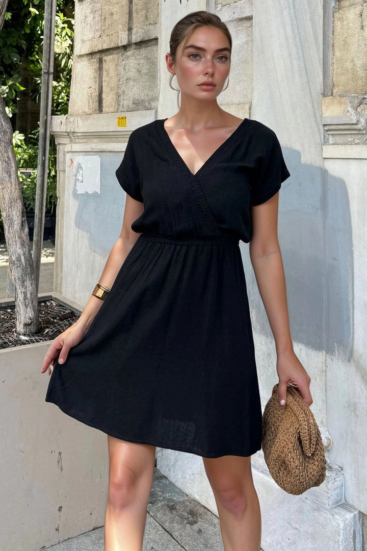 Black Special Patterned Elastic Waist Front Back Wrap Dress BCBSK-25700-3639 - Metairie