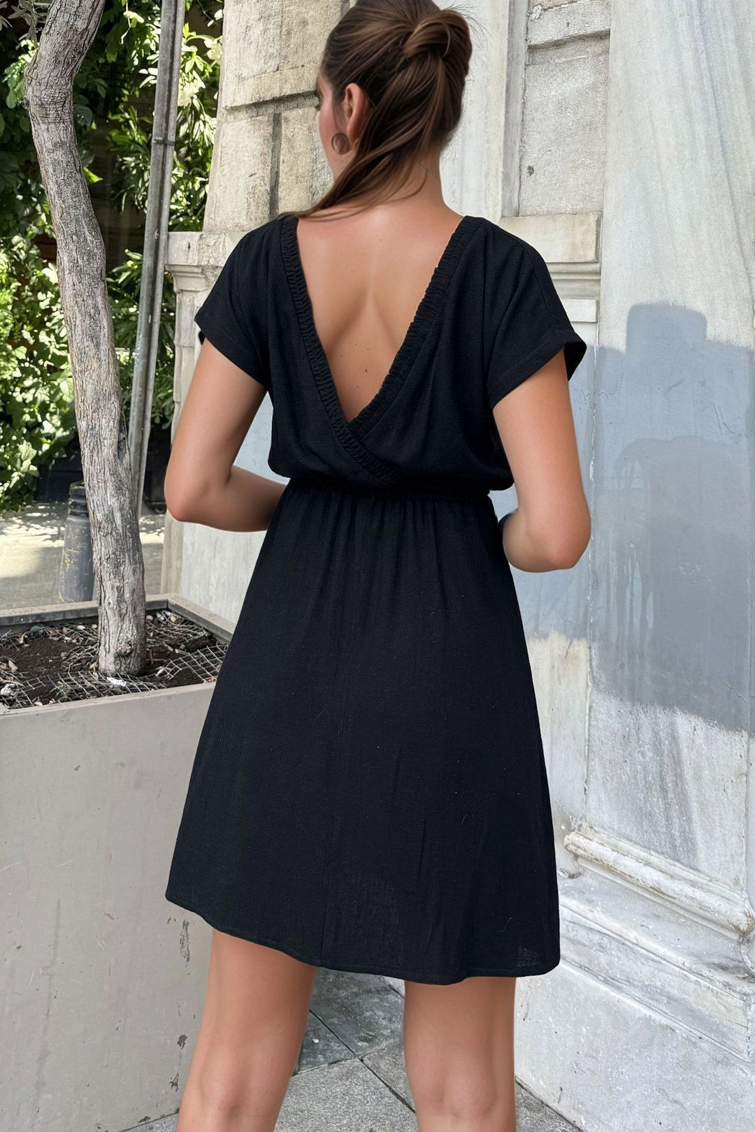 Black Special Patterned Elastic Waist Front Back Wrap Dress BCBSK-25700-3639 - Metairie