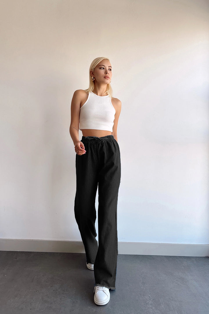 Black Flared Palazzo Pants with Tassels BCDF-231101 - Castelo Branco