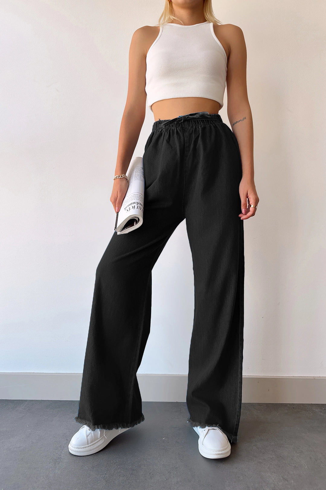Black Flared Palazzo Pants with Tassels BCDF-231101 - Castelo Branco