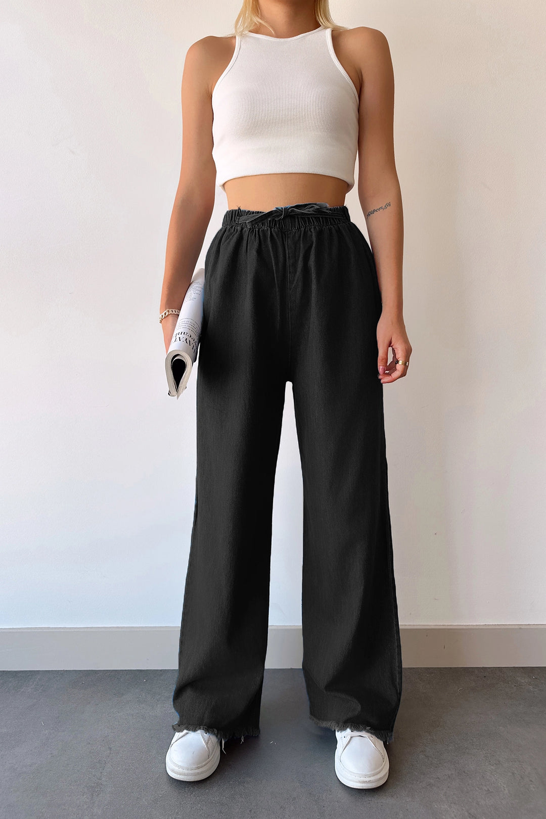 Black Flared Palazzo Pants with Tassels BCDF-231101 - Castelo Branco