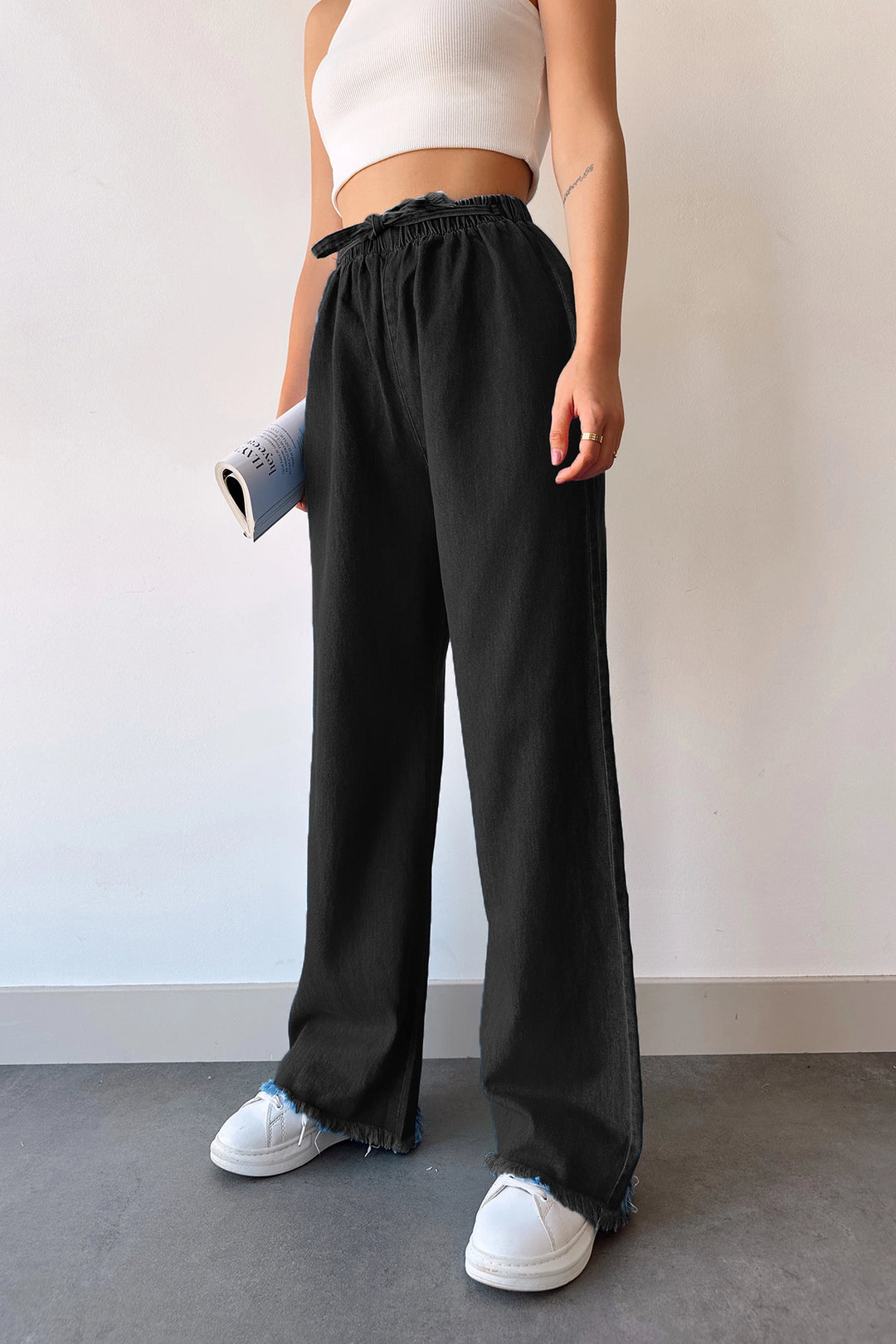 Black Flared Palazzo Pants with Tassels BCDF-231101 - Castelo Branco