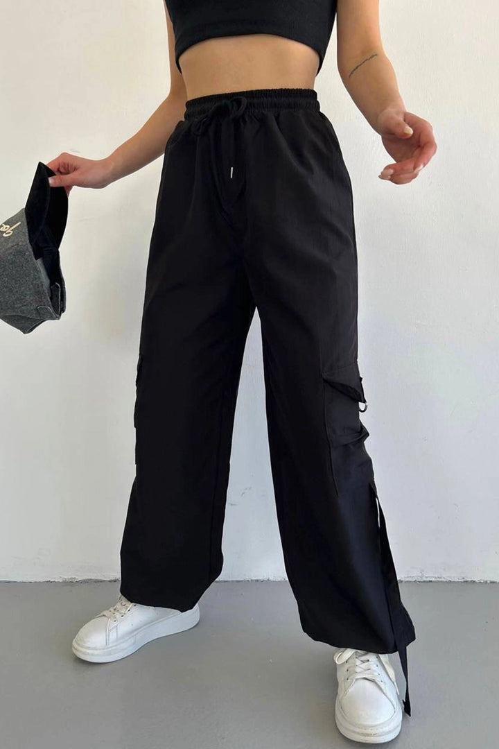 Black Parachute Fabric Cargo Jogger Pants with Pockets BCHN-2510000 - Southend