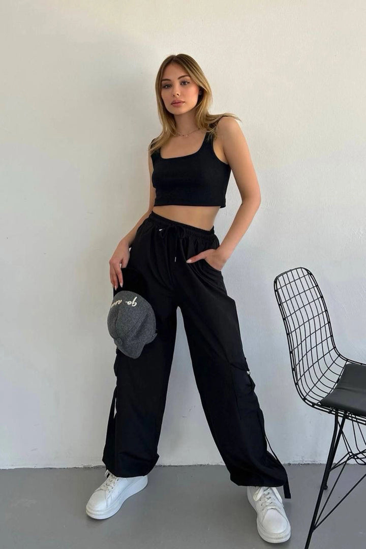 Black Parachute Fabric Cargo Jogger Pants with Pockets BCHN-2510000 - Southend