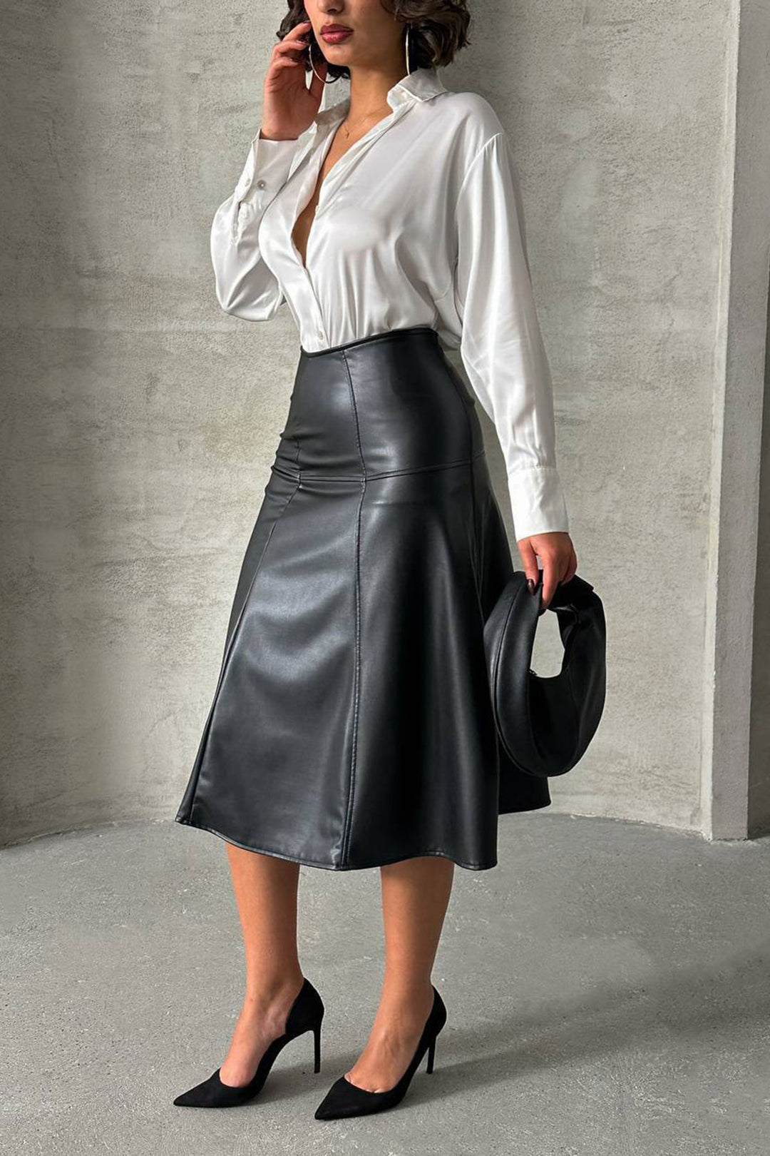 Black Patched High Waist Midi Faux Leather Skirt BCHN-2526441 - Rancho Cordova
