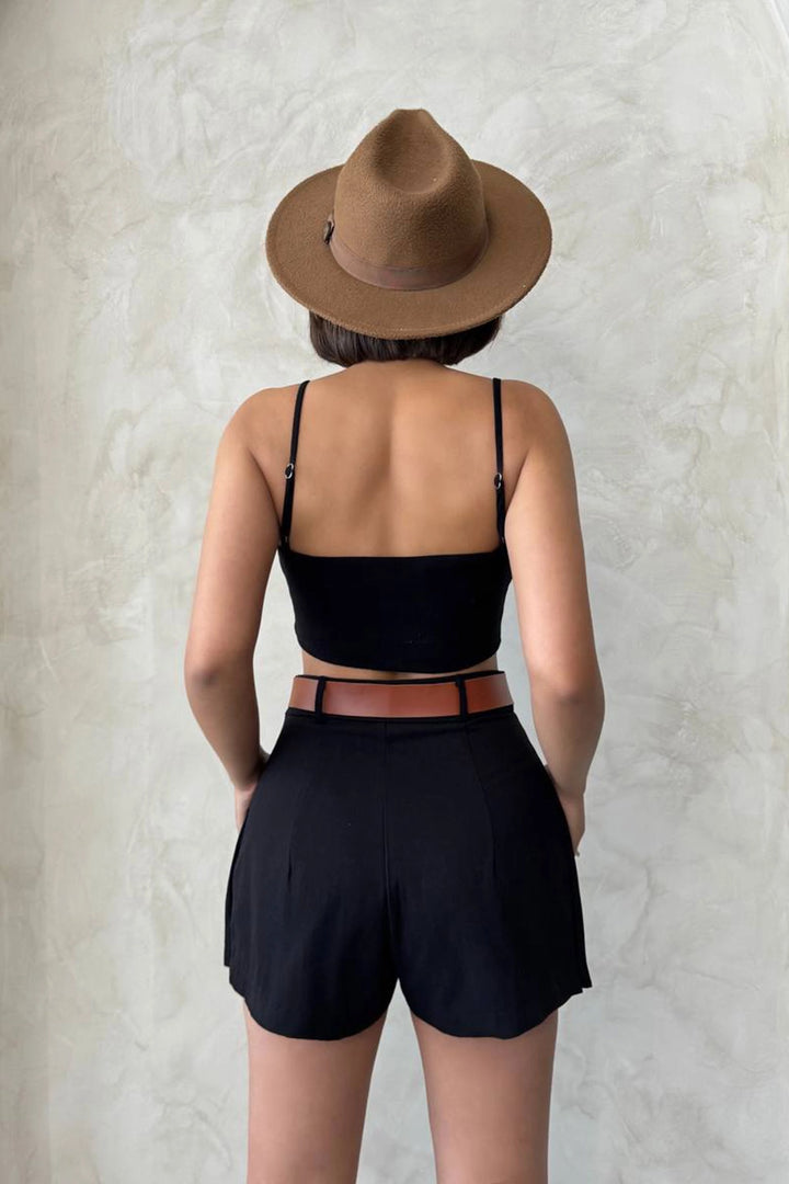 Black Pleated Woven Gabardine Shorts Skirt (Belt Gift) BCHN-25252001 - Skenderaj