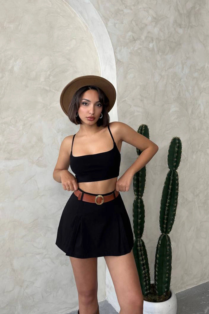 Black Pleated Woven Gabardine Shorts Skirt (Belt Gift) BCHN-25252001 - Skenderaj