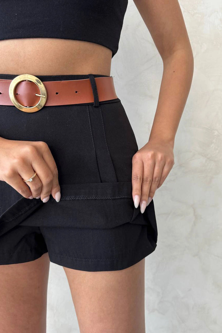 Black Pleated Woven Gabardine Shorts Skirt (Belt Gift) BCHN-25252001 - Skenderaj