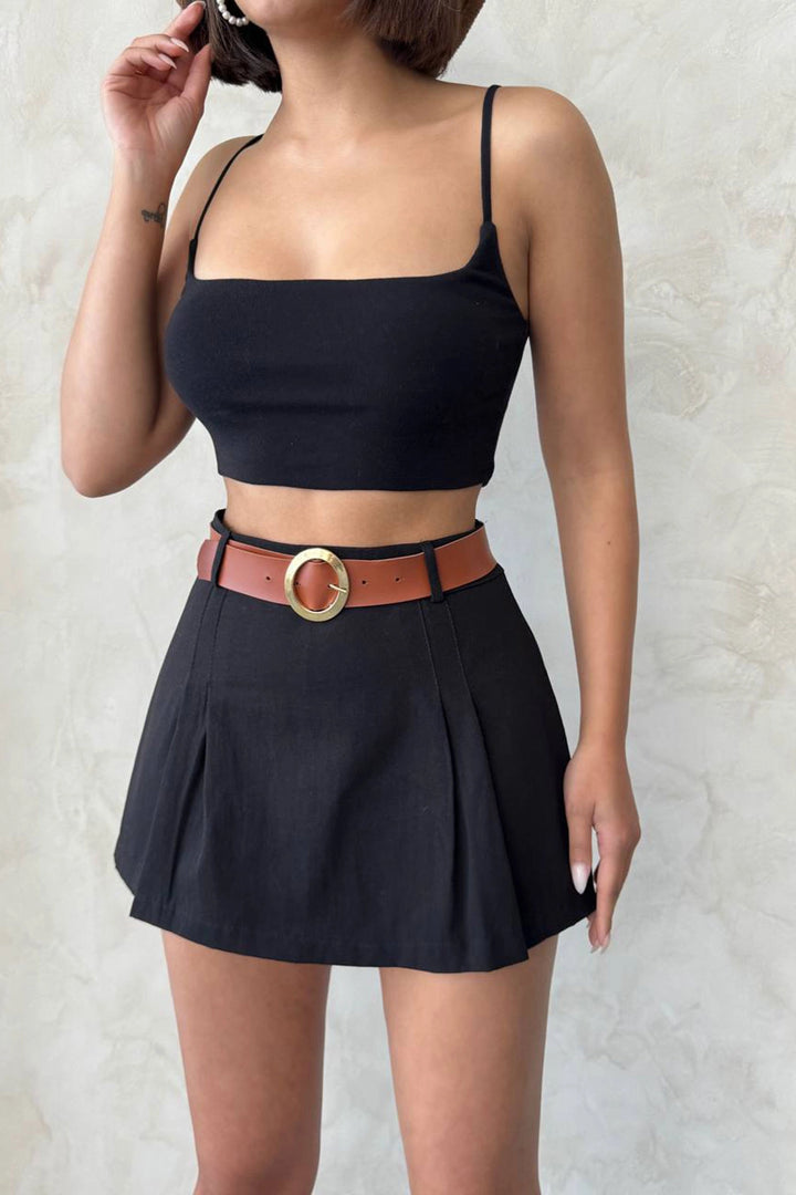 Black Pleated Woven Gabardine Shorts Skirt (Belt Gift) BCHN-25252001 - Skenderaj