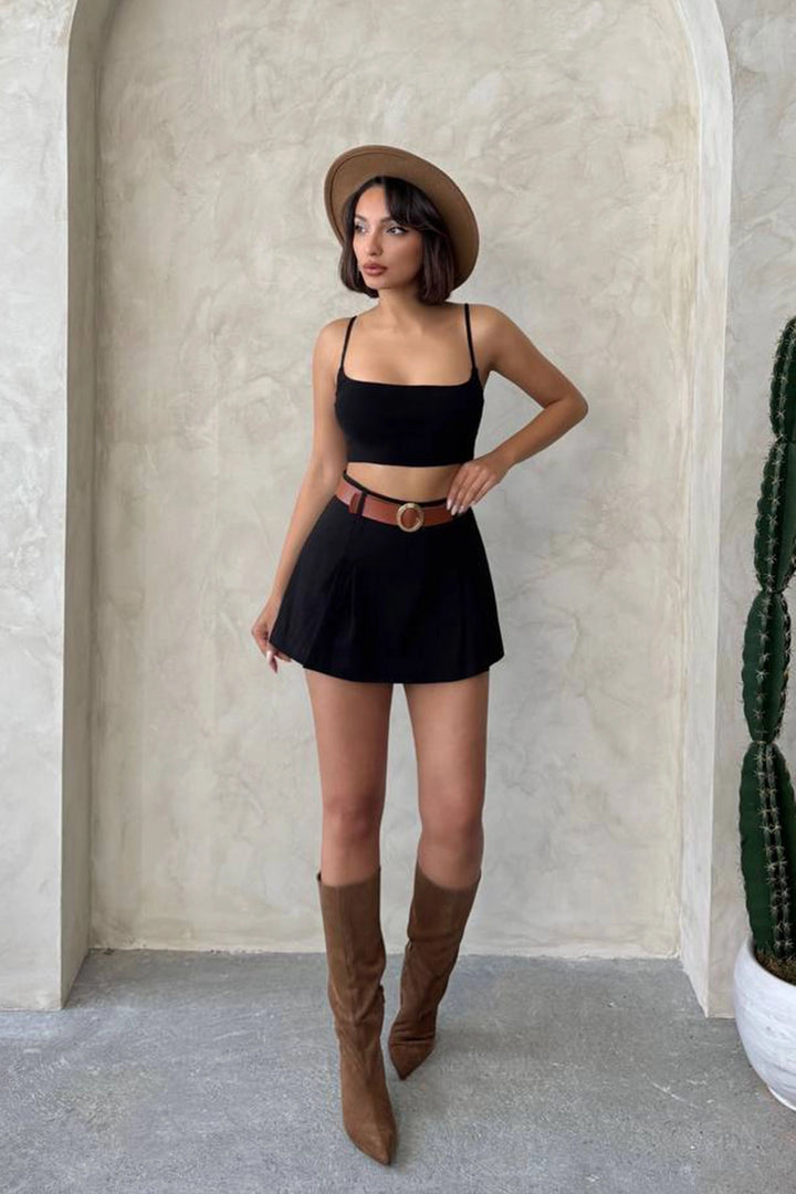 Black Pleated Woven Gabardine Shorts Skirt (Belt Gift) BCHN-25252001 - Skenderaj