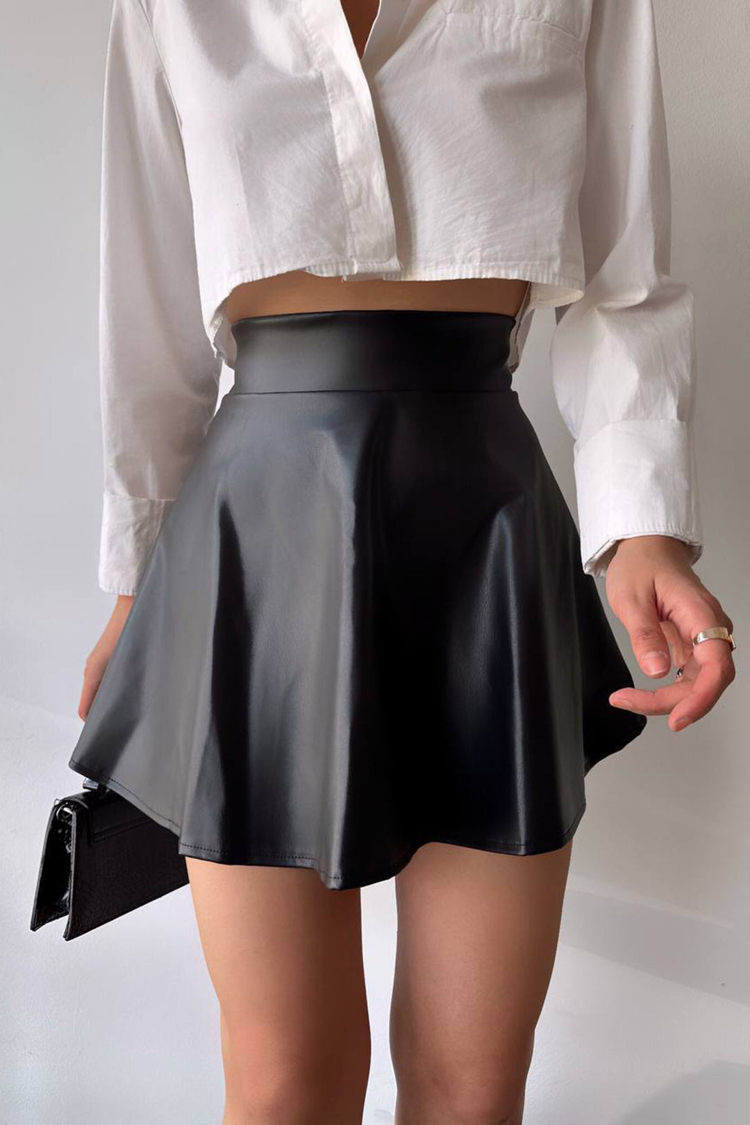 Black Pleated Faux Leather Flared Skirt BCHN-2526599 - Levittown