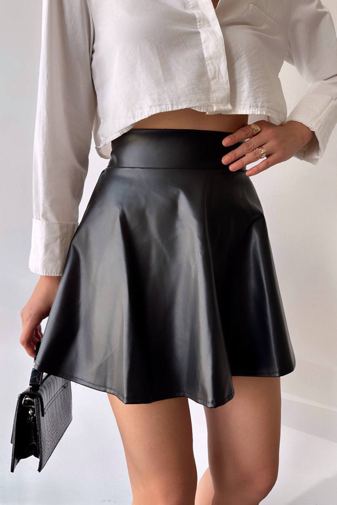 Black Pleated Faux Leather Flared Skirt BCHN-2526599 - Levittown
