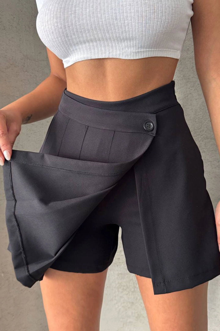 Black Pleated Woven Shorts Skirt BCHN-25813 - Chervonohrad