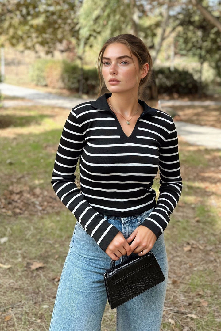 Black Polo V-Neck Striped Knit Sweater BCBSK-25700-K7521 - Germering