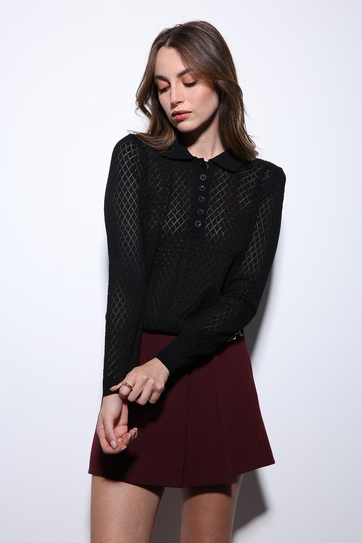 ANT Antioch Siyah Polo Yaka Desenli Triko Kadın Kazak - Upland