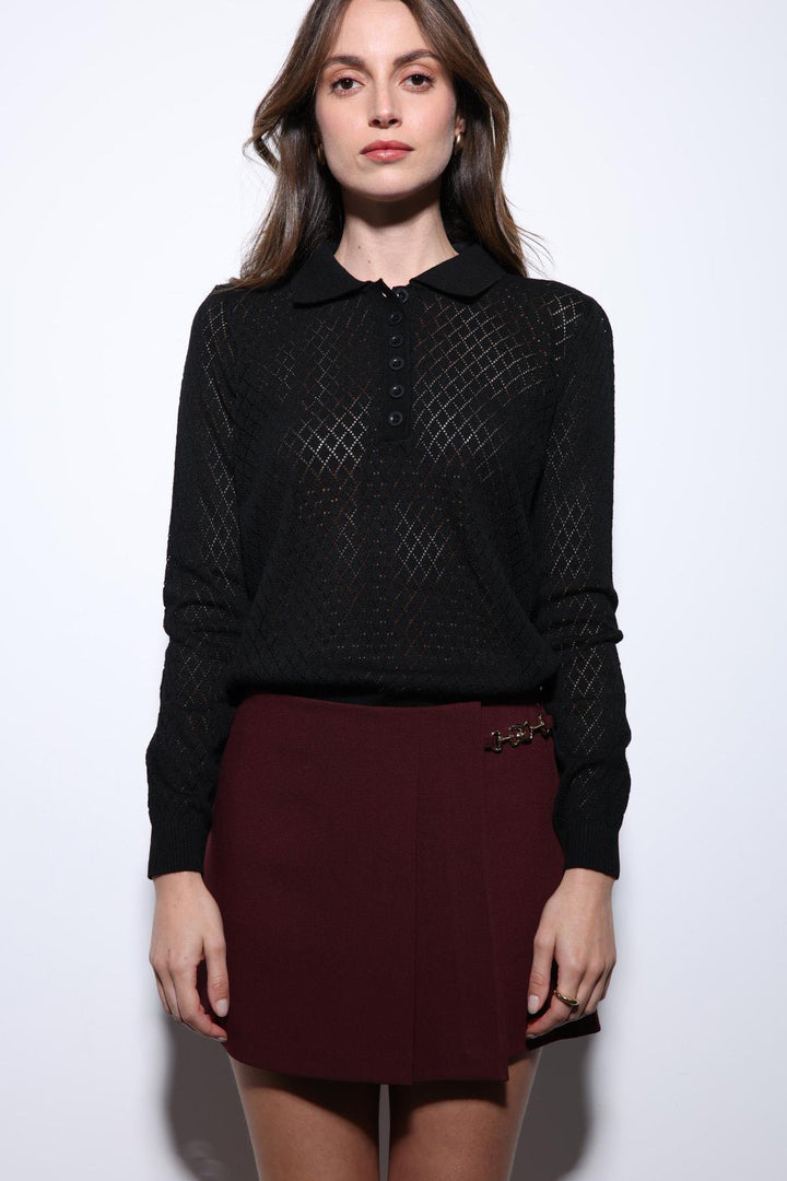 ANT Antioch Siyah Polo Yaka Desenli Triko Kadın Kazak - Upland