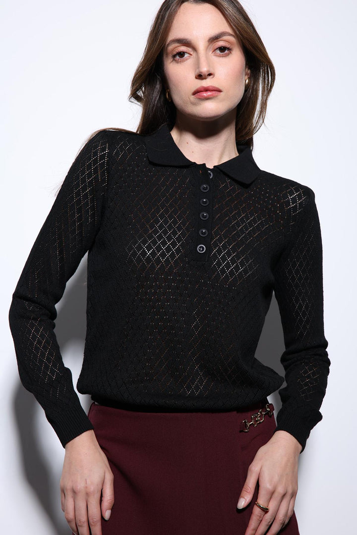 ANT Antioch Siyah Polo Yaka Desenli Triko Kadın Kazak - Upland