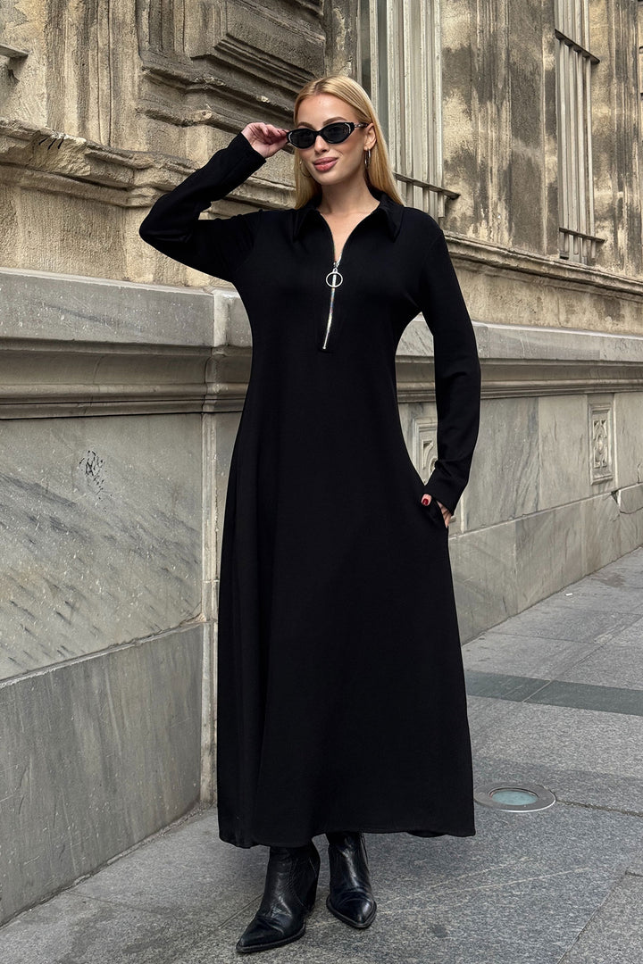 Black Polo Collar Zippered Double Pocket Comfortable Fit Soft Textured Knitted Dress BCVL-25V235 - Palencia