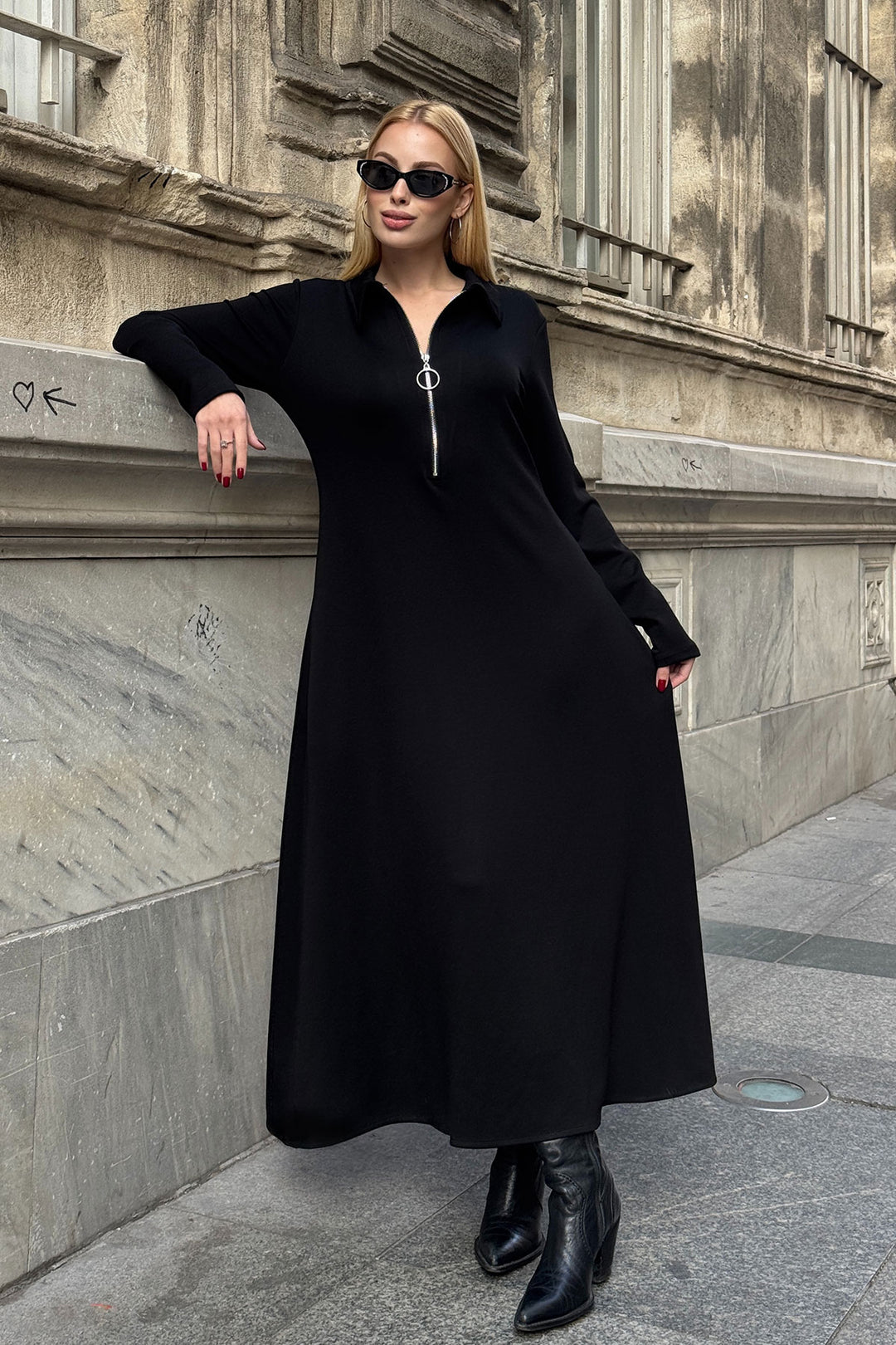 Black Polo Collar Zippered Double Pocket Comfortable Fit Soft Textured Knitted Dress BCVL-25V235 - Palencia