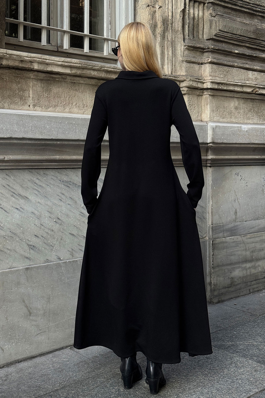 Black Polo Collar Zippered Double Pocket Comfortable Fit Soft Textured Knitted Dress BCVL-25V235 - Palencia