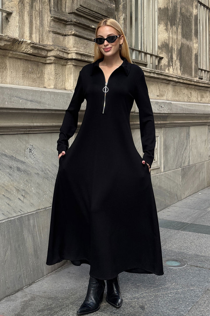 Black Polo Collar Zippered Double Pocket Comfortable Fit Soft Textured Knitted Dress BCVL-25V235 - Palencia