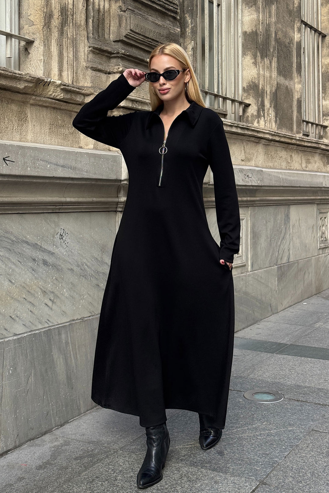Black Polo Collar Zippered Double Pocket Comfortable Fit Soft Textured Knitted Dress BCVL-25V235 - Palencia