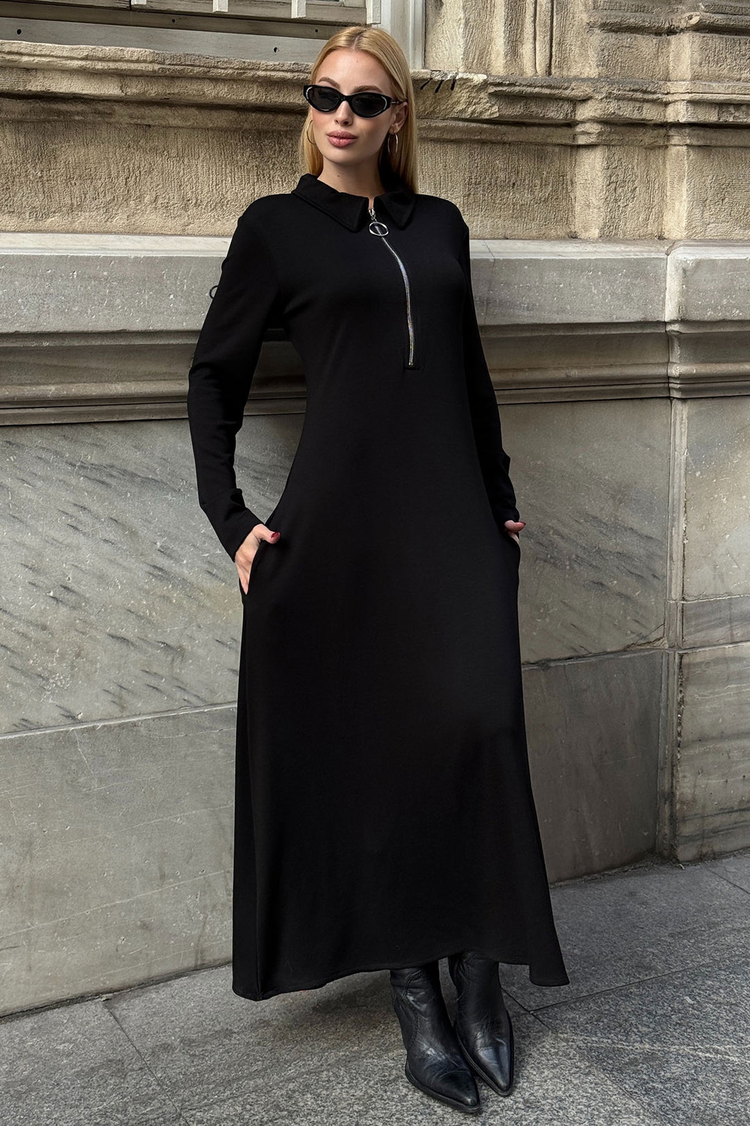 Black Polo Collar Zippered Double Pocket Comfortable Fit Soft Textured Knitted Dress BCVL-25V235 - Palencia