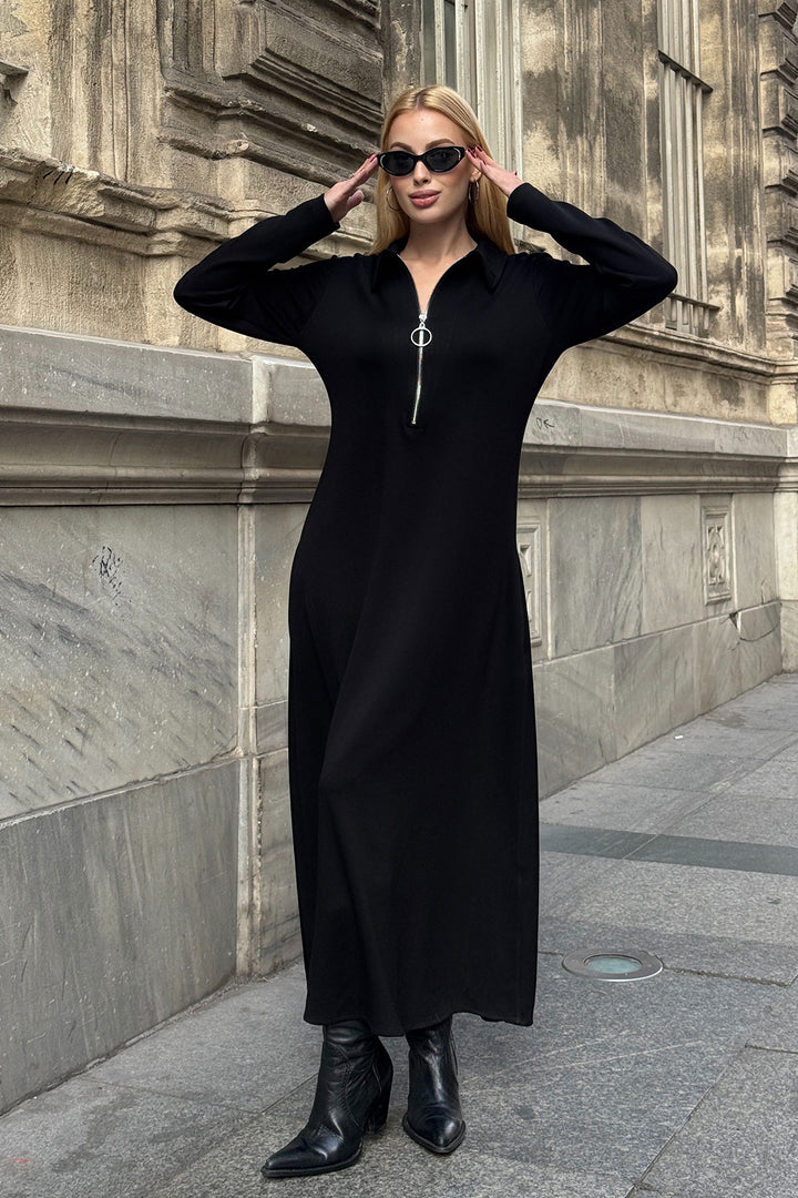 Black Polo Collar Zippered Double Pocket Comfortable Fit Soft Textured Knitted Dress BCVL-25V235 - Palencia