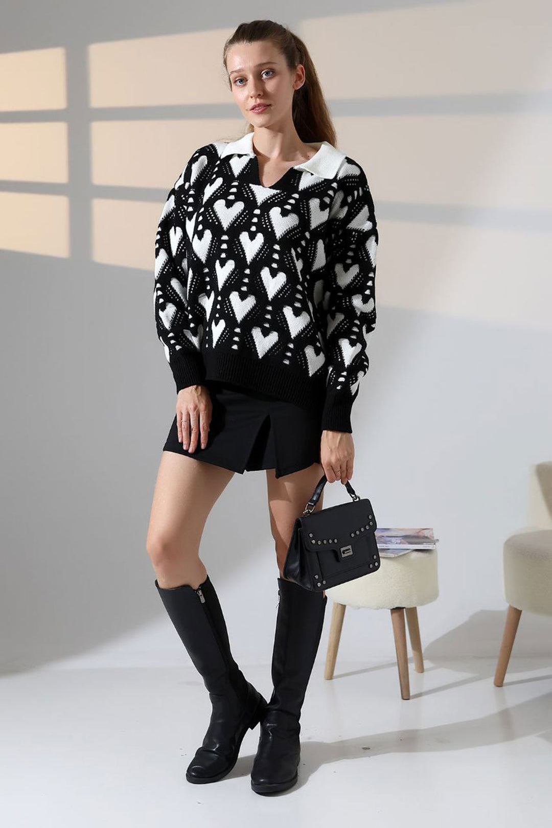 Black Polo Neck Heart Patterned Knit Sweater BCES-252026 - Xalapa