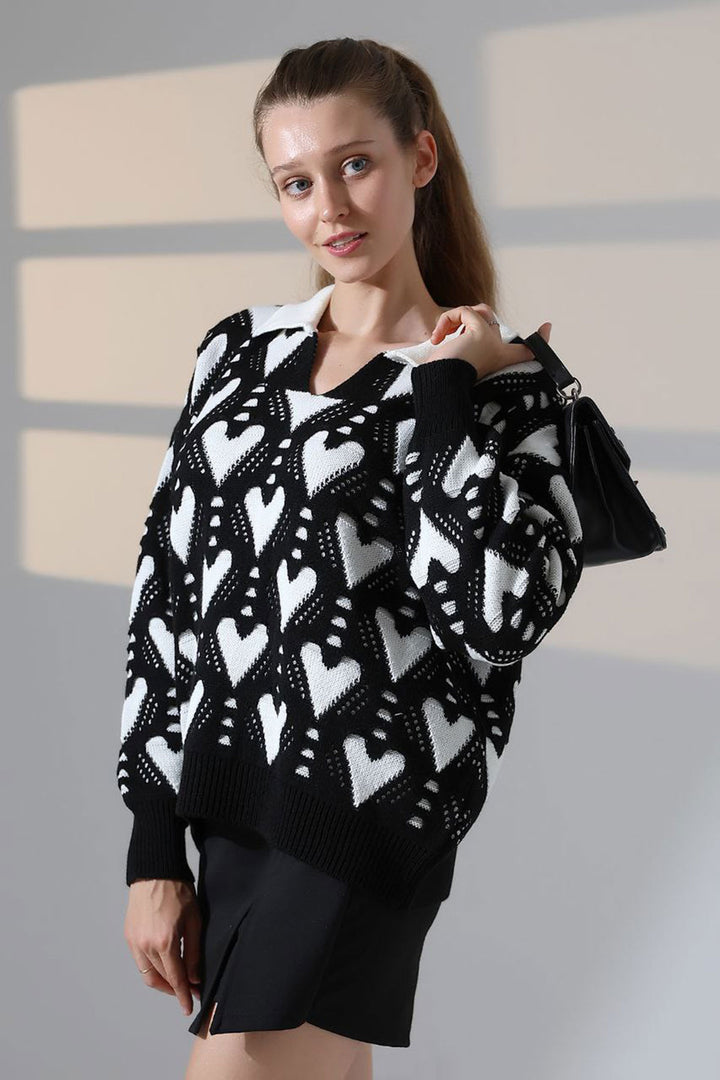 Black Polo Neck Heart Patterned Knit Sweater BCES-252026 - Xalapa