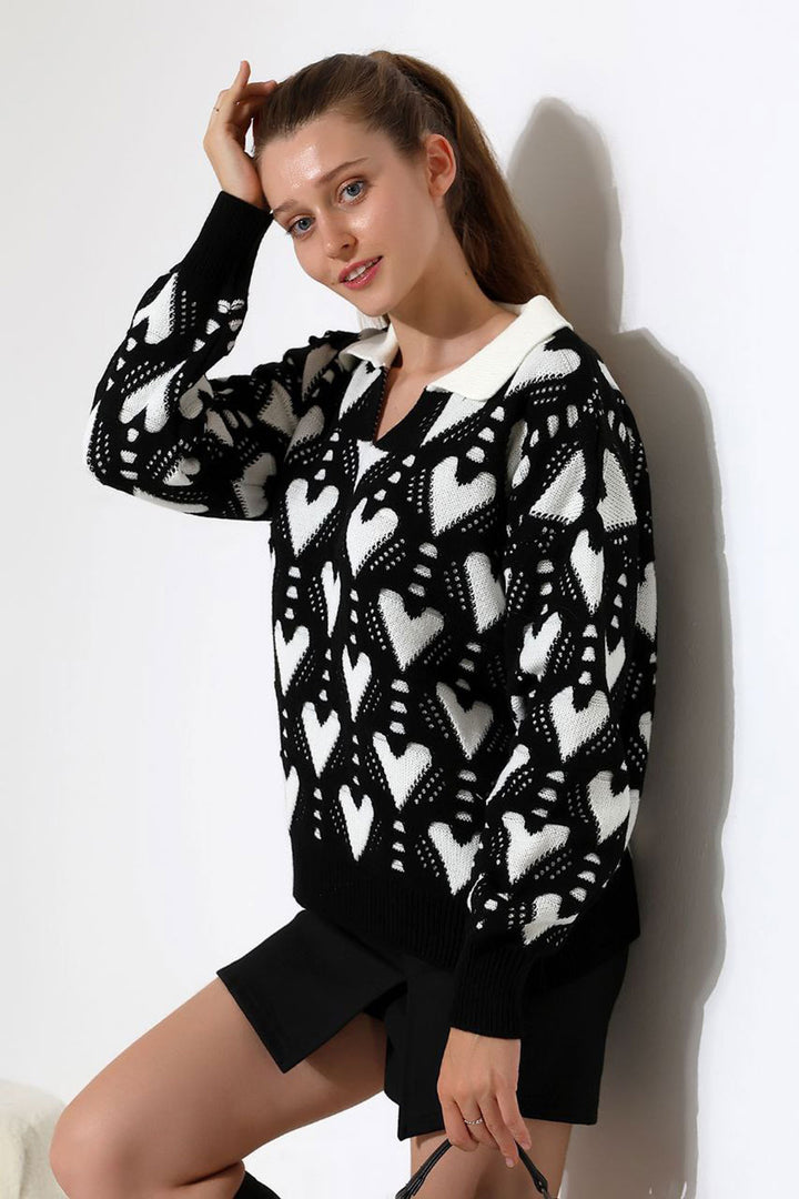 Black Polo Neck Heart Patterned Knit Sweater BCES-252026 - Xalapa