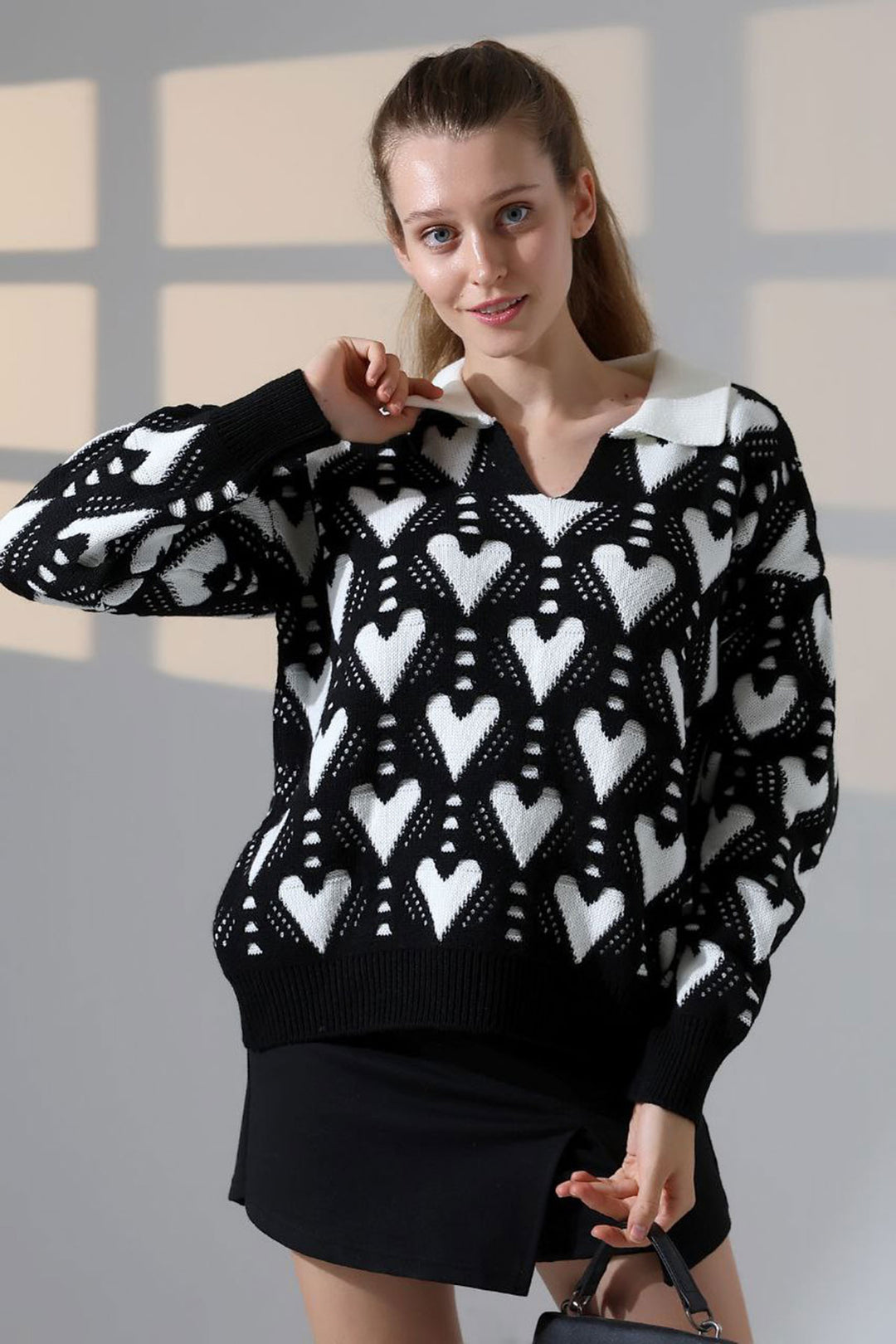 Black Polo Neck Heart Patterned Knit Sweater BCES-252026 - Xalapa