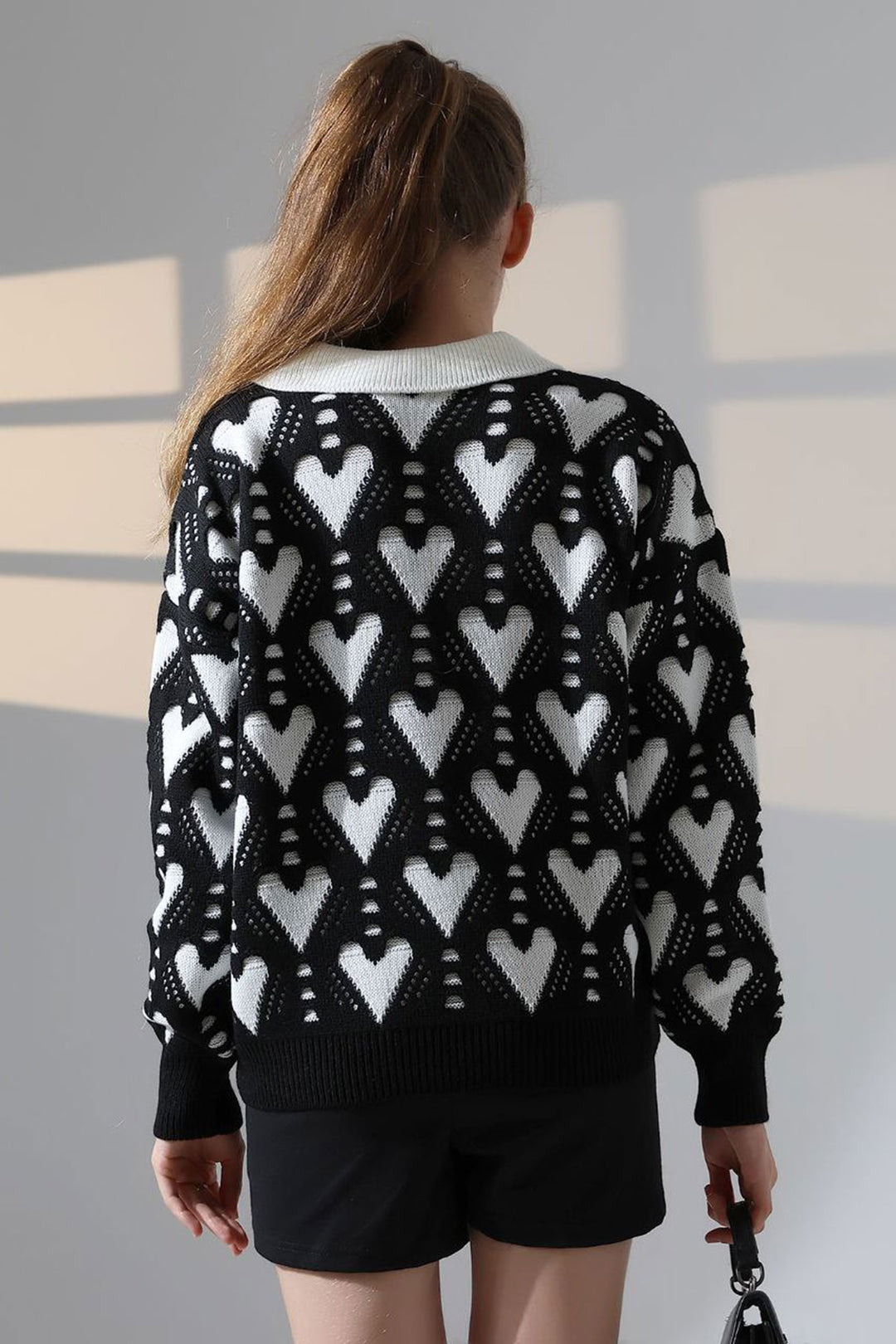 Black Polo Neck Heart Patterned Knit Sweater BCES-252026 - Xalapa