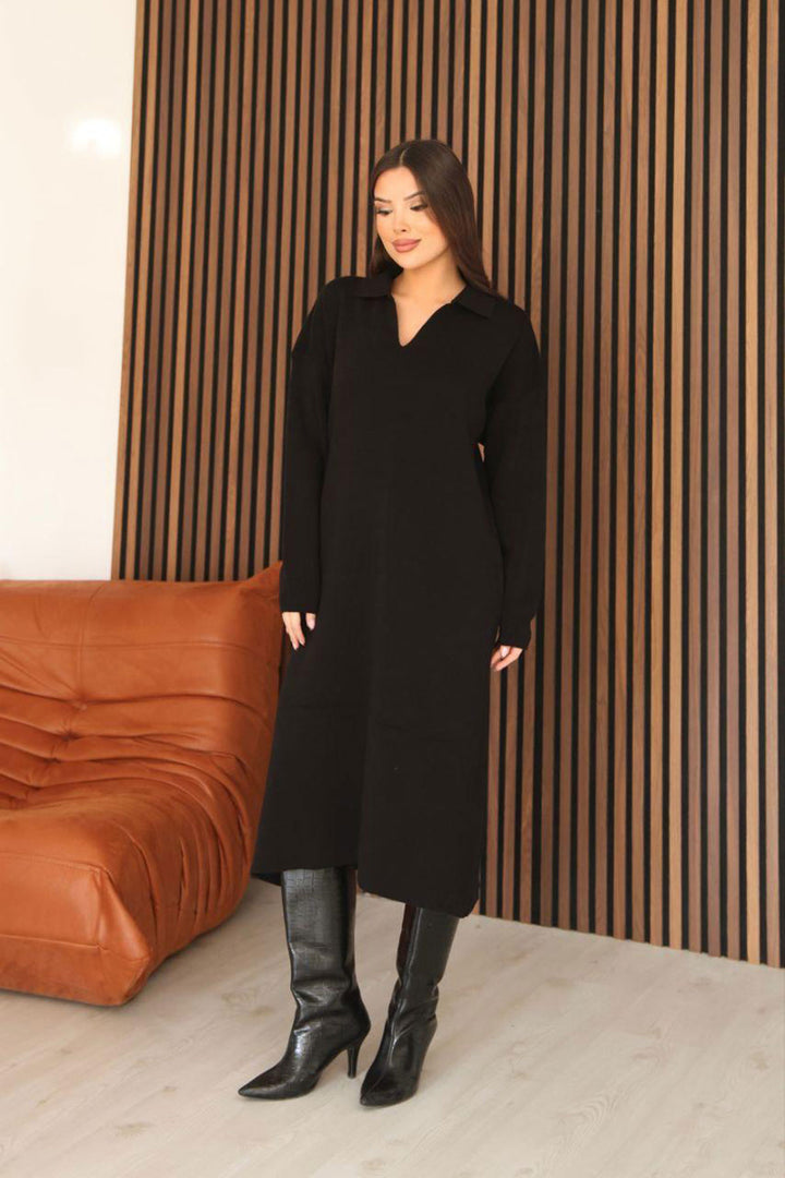 Siyah Polo Yaka Midi Boy Triko Elbise BCES-253018 - Livonia